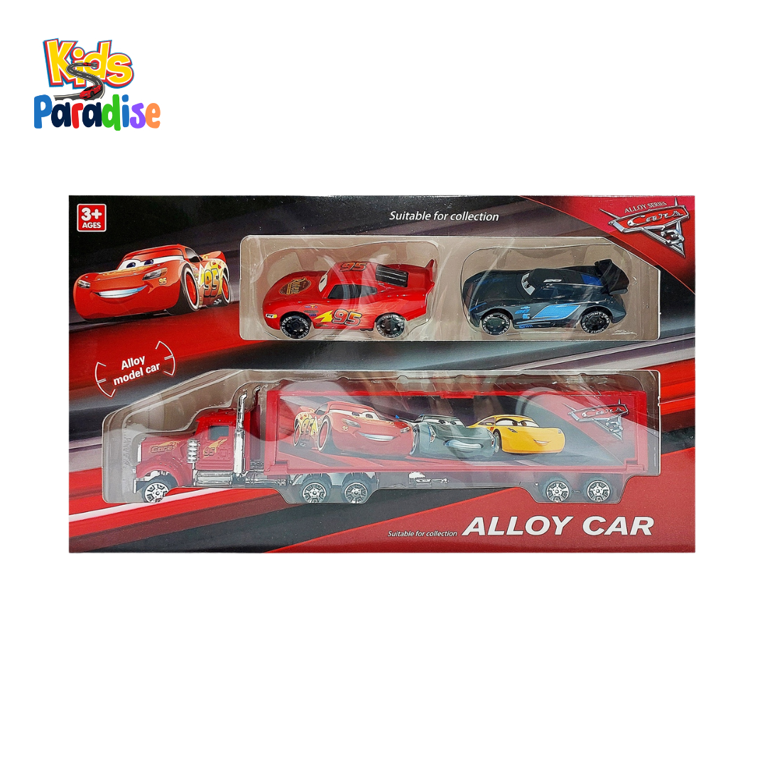 Alloy Series Cars 3 Diecast Container Truck Hauler with 2 Race Cars Set Red and Black