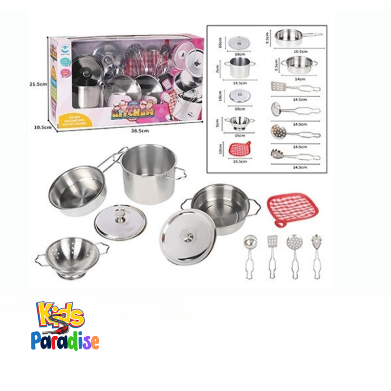 Little Moppet 11 Pieces Stainless Steel Cookware Kitchen Pretend Playset Creative, Fun, Imagination, Junior Chefs for Kids Age 3 and up