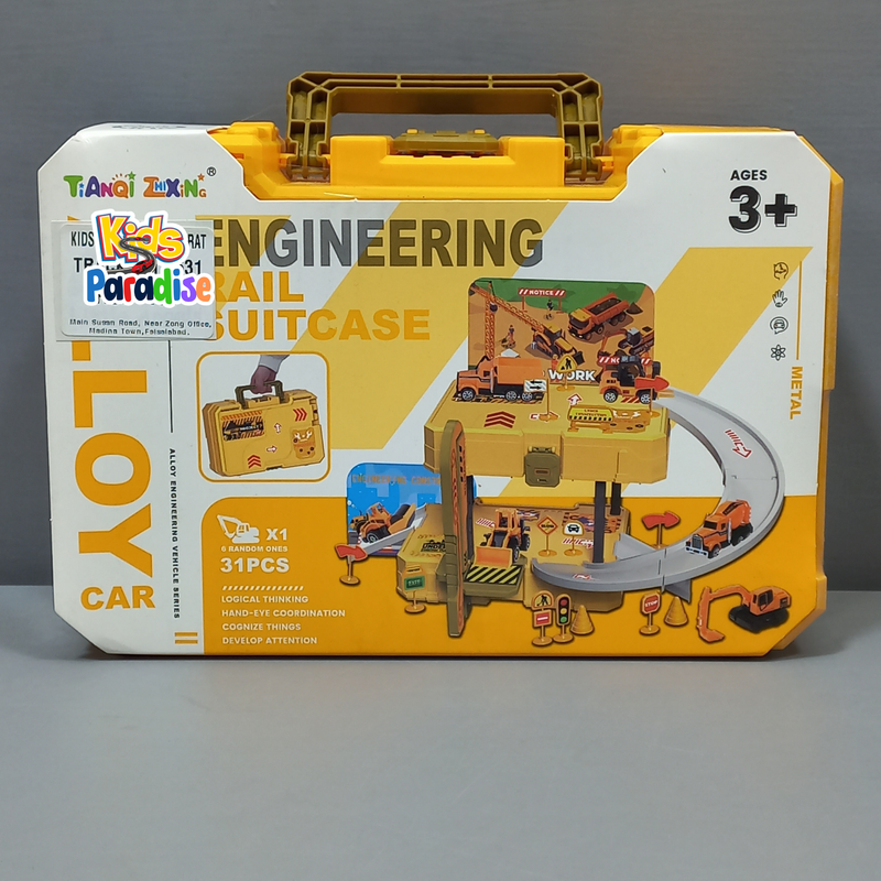 Engineering Racing Kids 31PCS Alloy Car Parking Rail Suitcase Assembling Toys