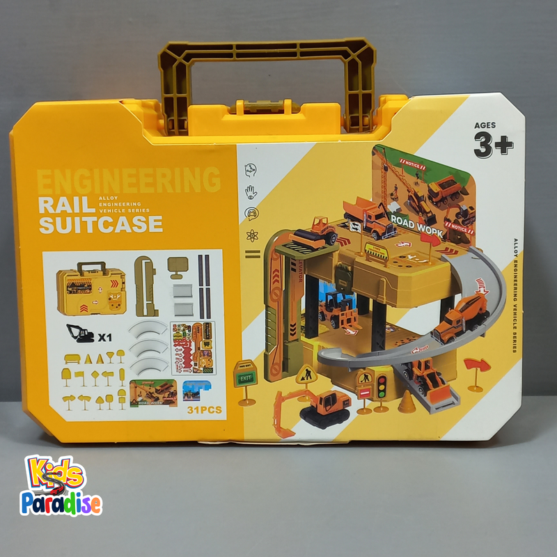 Engineering Racing Kids 31PCS Alloy Car Parking Rail Suitcase Assembling Toys