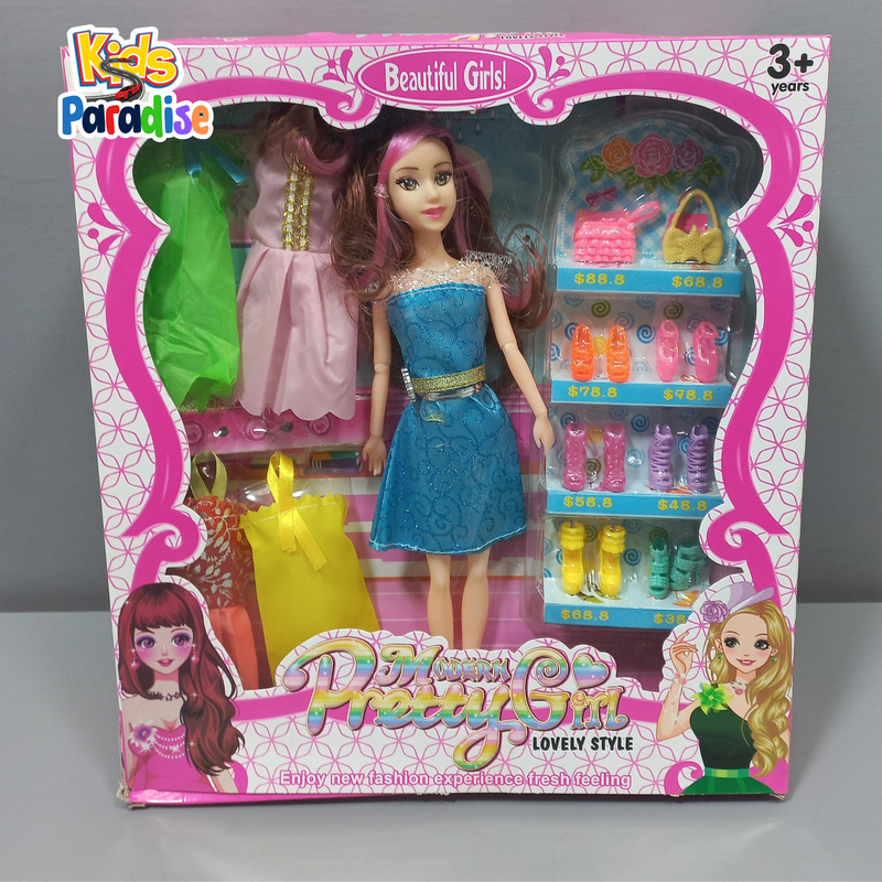Modern Preety Girl Doll Set With Complete Wardrobe and Shoes Collection