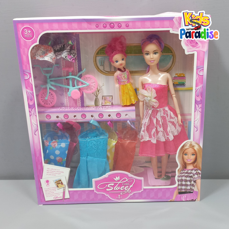 Sweet Girl Pink Frock Baby Girls Doll Set With Cycle