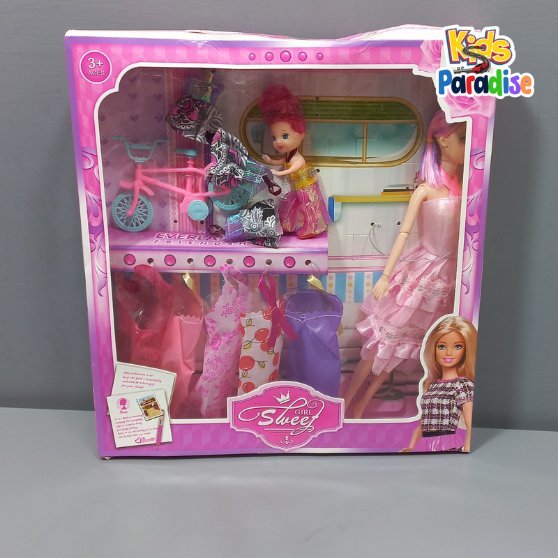 Sweet Girl Pink Frock Baby Girls Doll Set With Cycle