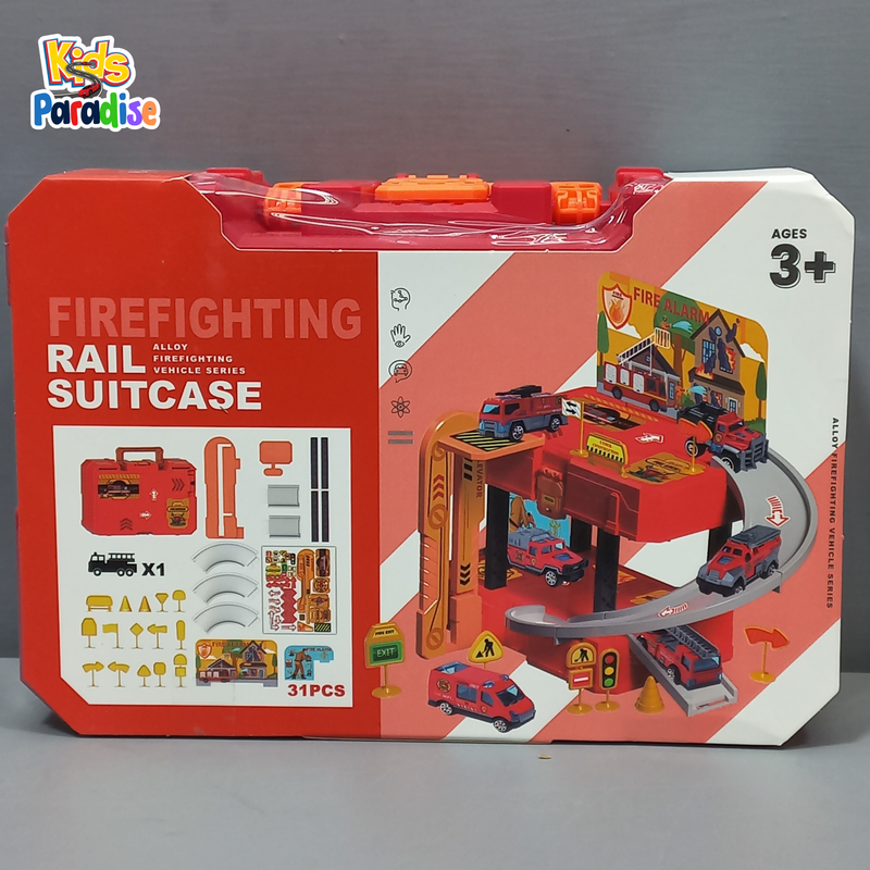 Firefighting Racing Kids 31PCS Alloy Car Parking Rail Suitcase Assembling Toys
