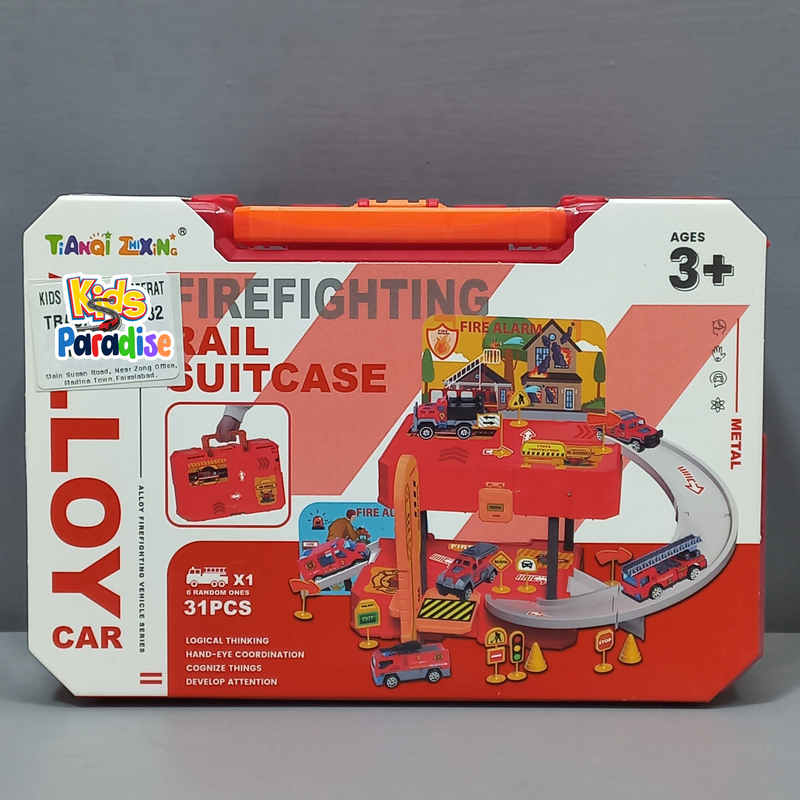 Firefighting Racing Kids 31PCS Alloy Car Parking Rail Suitcase Assembling Toys