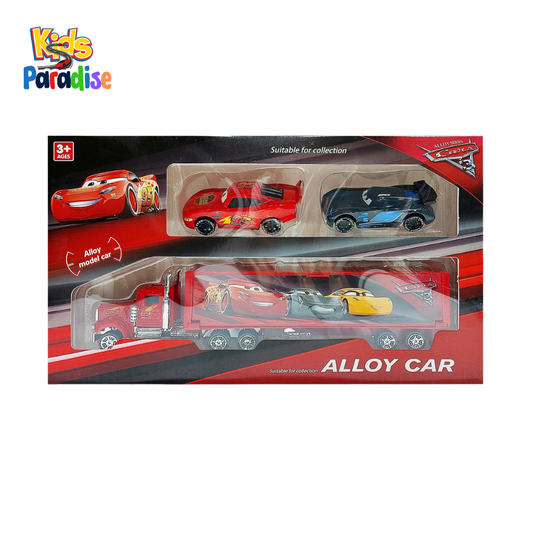Alloy Series Cars 3 Diecast Container Truck Hauler with 2 Race Cars Set Red and Black