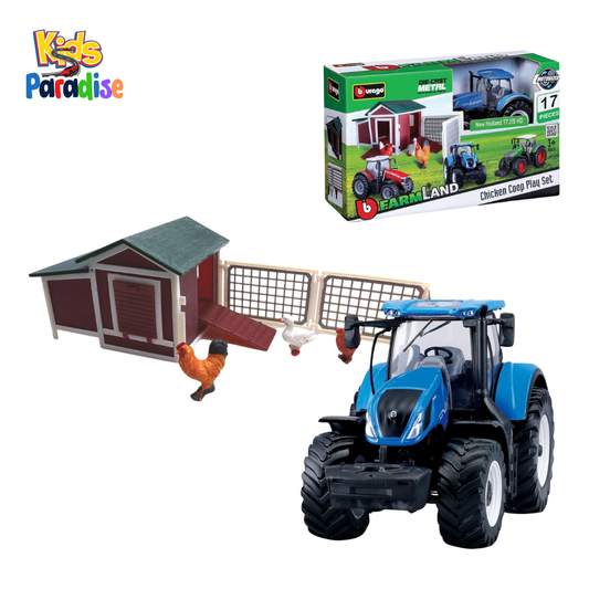 Bburago Farmland Chicken Coop Play Set with New Holland Tractor