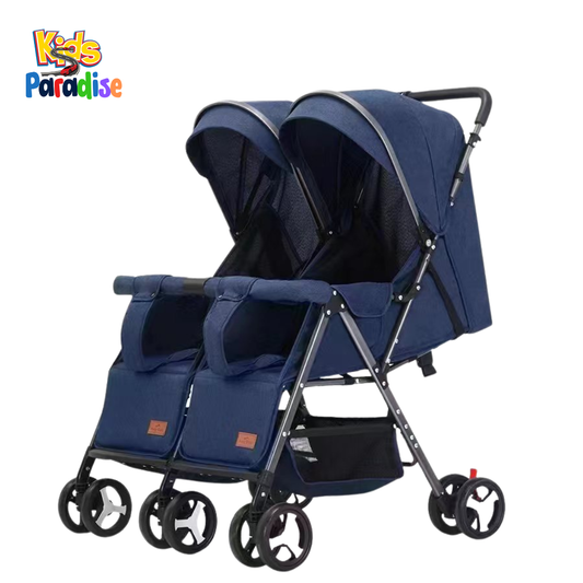 Navy blue A6 side-by-side twin double baby stroller with dual canopies and front bumper bars - Kids Paradise Pakistan