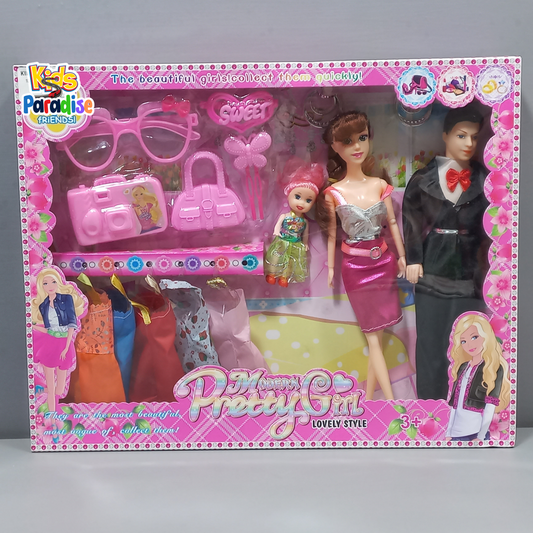 Modern Preety Girl Lovely Style Barbie Doll Groom and kid with Doll Complete Accessories set